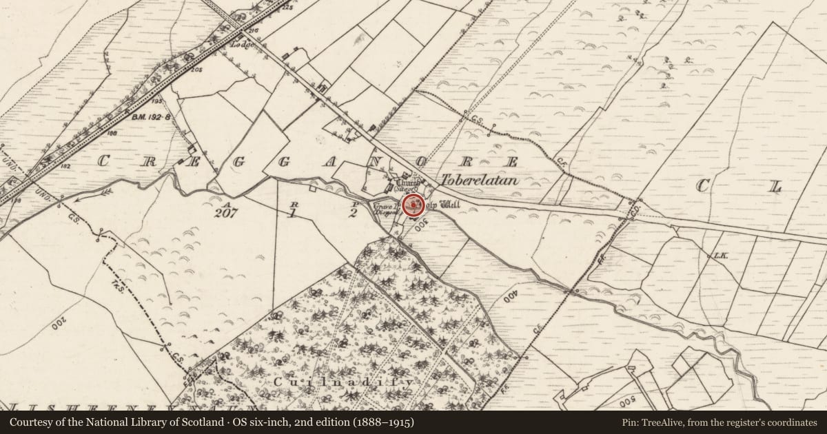 Ordnance Survey six-inch map, 2nd edition (1888–1915) covering the location of Penitential station, Cregganore, County Galway, with a pin at the register's coordinates