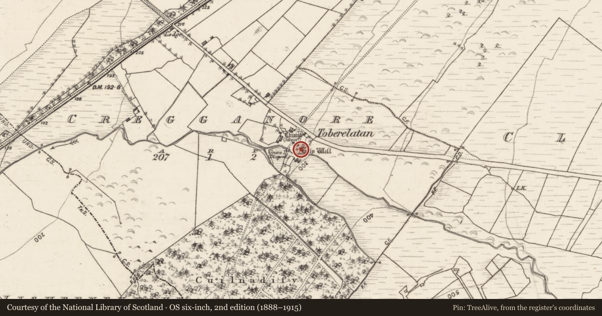 Ordnance Survey six-inch map, 2nd edition (1888–1915) covering the location of Building, Cregganore, County Galway, with a pin at the register's coordinates