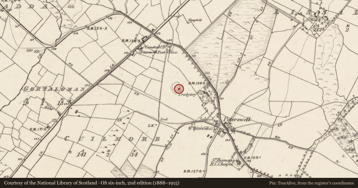 Ordnance Survey six-inch map, 2nd edition (1888–1915) covering the location of Moated site, Cuilmore, County Galway, with a pin at the register's coordinates