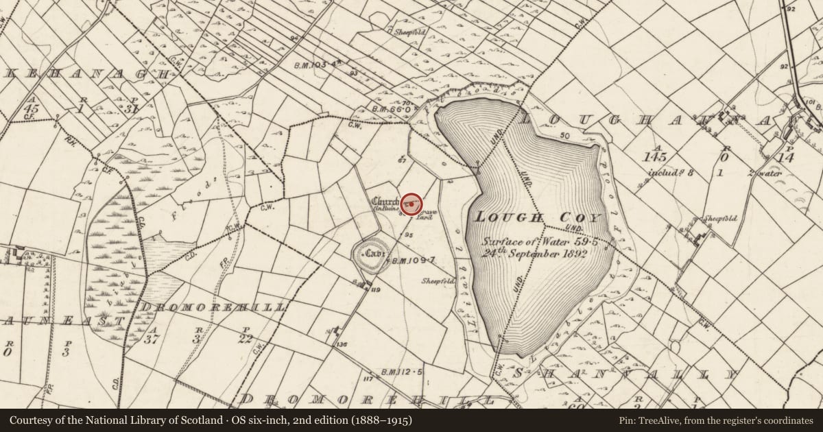 Ordnance Survey six-inch map, 2nd edition (1888–1915) covering the location of Church, Dromorehill, County Galway, with a pin at the register's coordinates