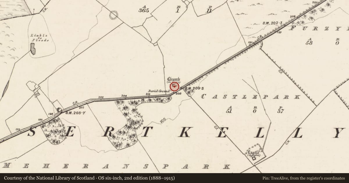 Ordnance Survey six-inch map, 2nd edition (1888–1915) covering the location of Church, Isertkelly North, County Galway, with a pin at the register's coordinates