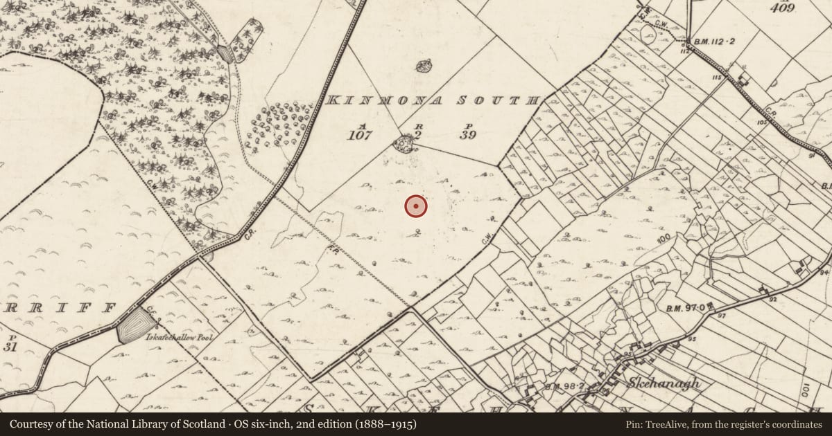 Ordnance Survey six-inch map, 2nd edition (1888–1915) covering the location of Building, Kinmona South, County Galway, with a pin at the register's coordinates