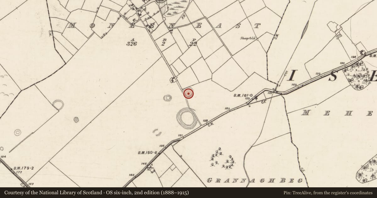 Ordnance Survey six-inch map, 2nd edition (1888–1915) covering the location of Souterrain, Moneen East, County Galway, with a pin at the register's coordinates