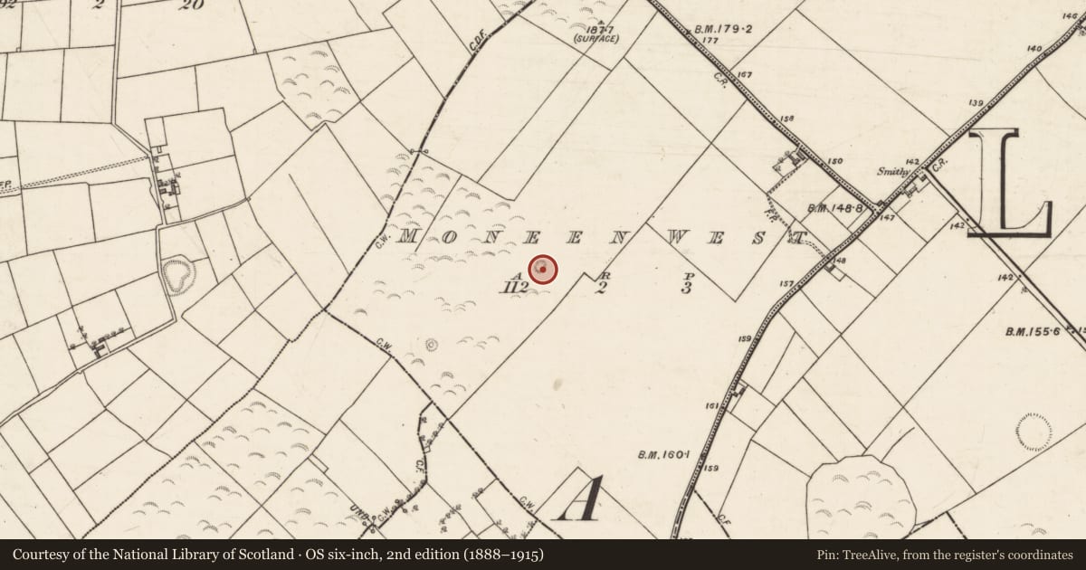 Ordnance Survey six-inch map, 2nd edition (1888–1915) covering the location of Enclosure, Moneen West, County Galway, with a pin at the register's coordinates