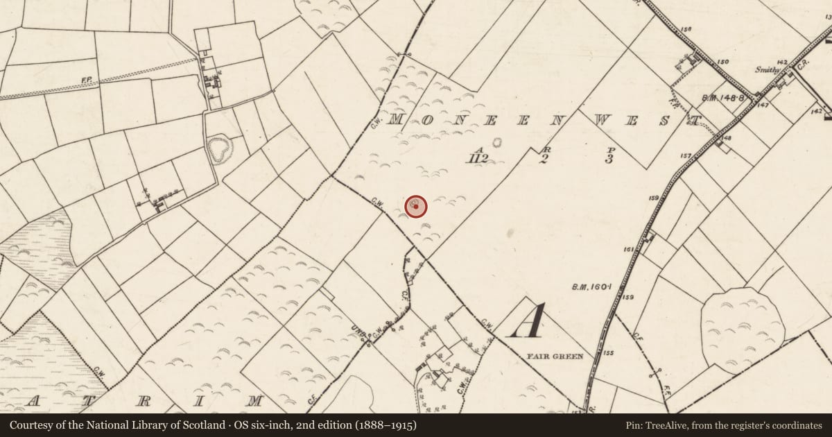 Ordnance Survey six-inch map, 2nd edition (1888–1915) covering the location of Barrow - ring-barrow, Moneen West, County Galway, with a pin at the register's coordinates