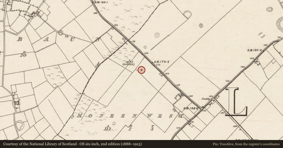 Ordnance Survey six-inch map, 2nd edition (1888–1915) covering the location of Enclosure, Moneen West, County Galway, with a pin at the register's coordinates