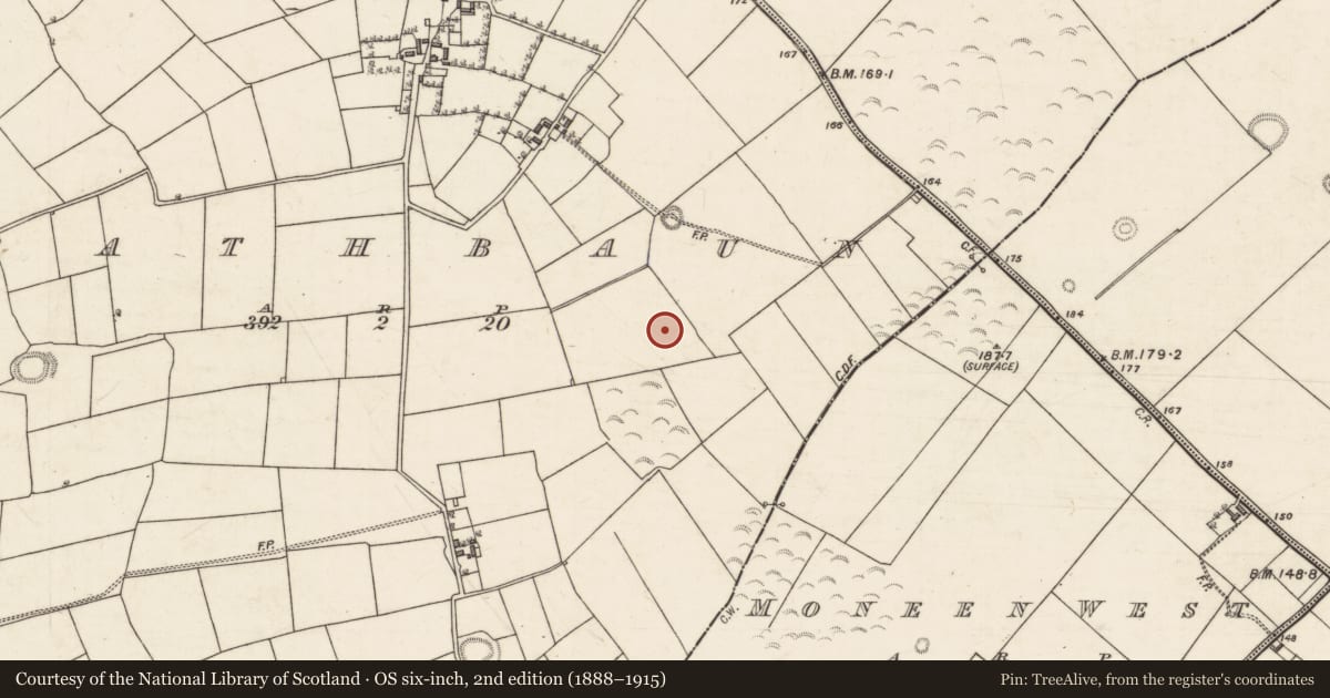 Ordnance Survey six-inch map, 2nd edition (1888–1915) covering the location of Enclosure, Rathbaun, County Galway, with a pin at the register's coordinates