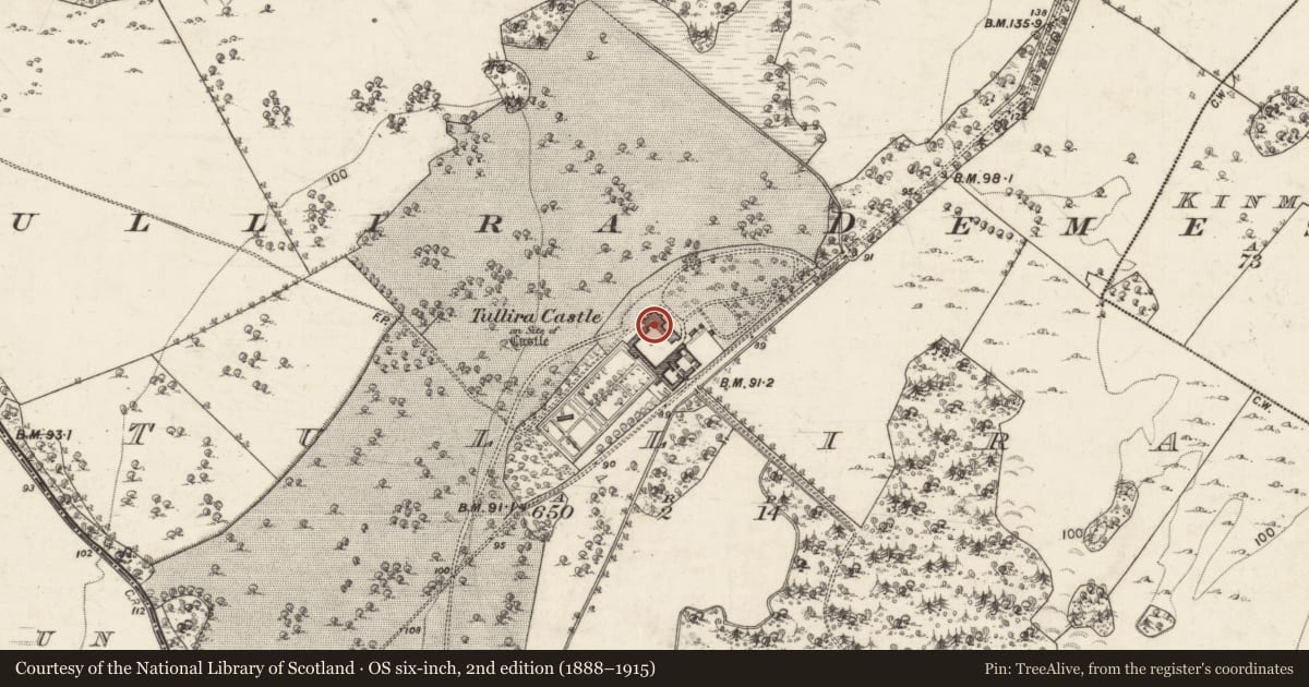 Ordnance Survey six-inch map, 2nd edition (1888–1915) covering the location of Country house, Tullira, County Galway, with a pin at the register's coordinates