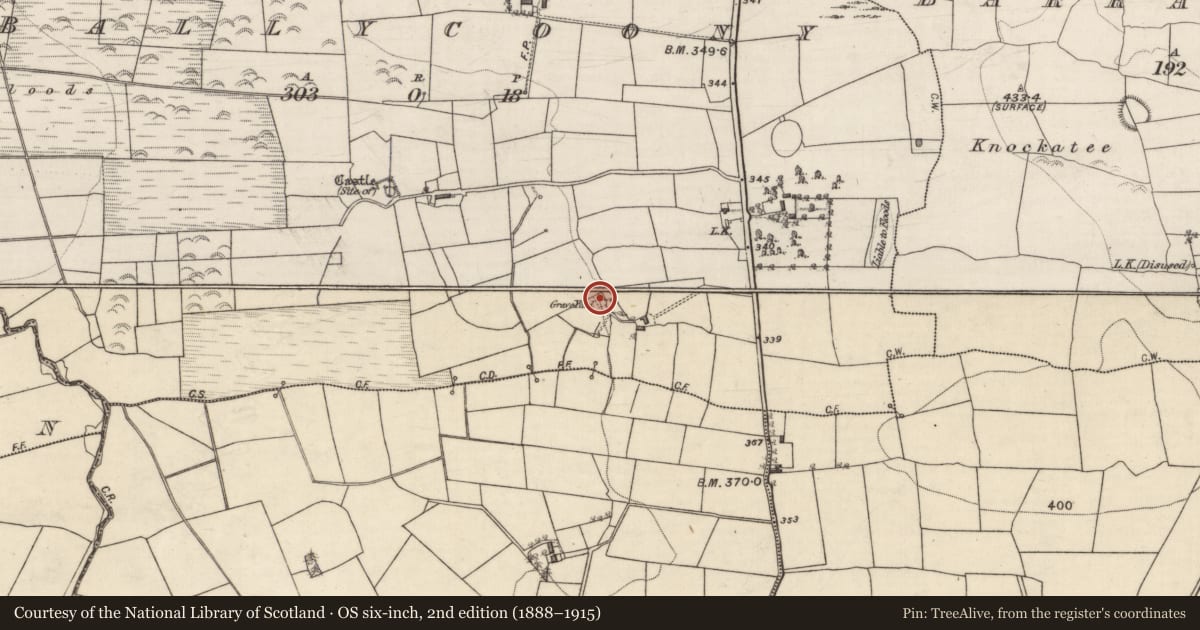 Ordnance Survey six-inch map, 2nd edition (1888–1915) covering the location of Children's burial ground, Ballycoony, County Galway, with a pin at the register's coordinates