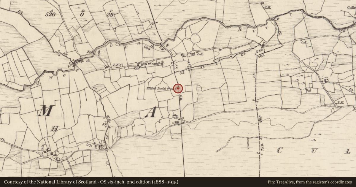 Ordnance Survey six-inch map, 2nd edition (1888–1915) covering the location of Children's burial ground, Boleybeg, Drummin, County Galway, with a pin at the register's coordinates