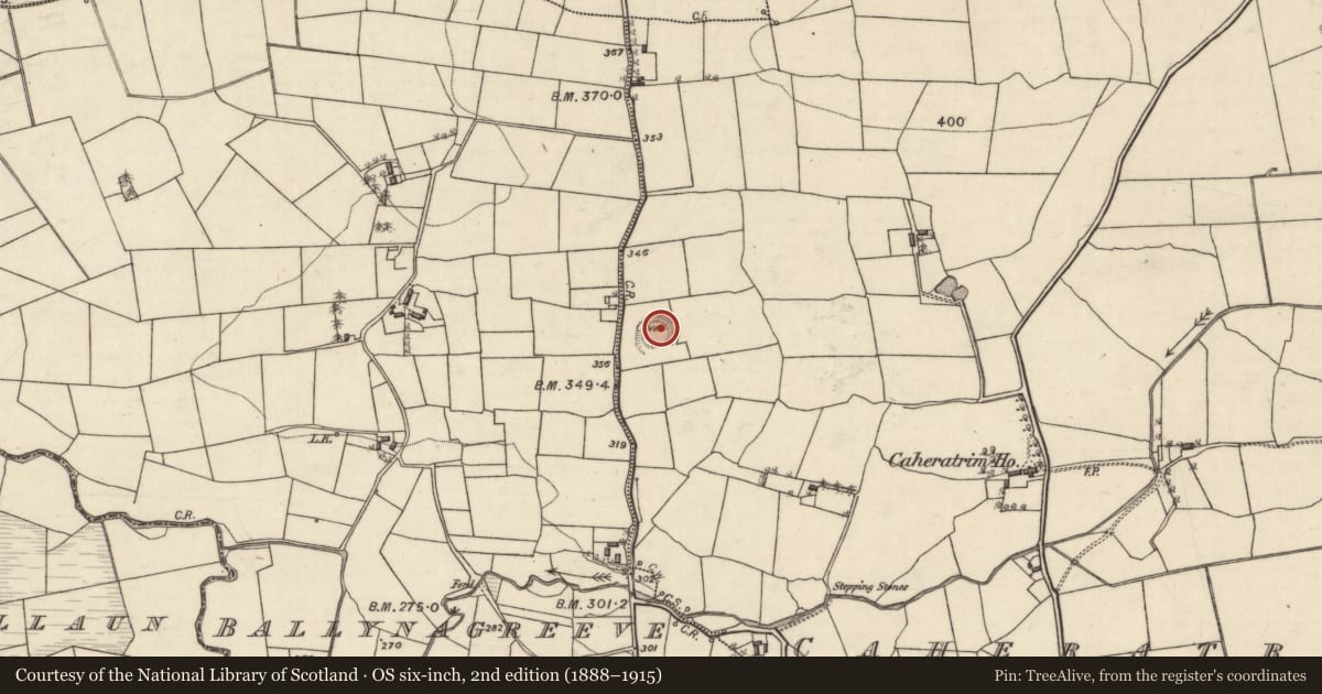 Ordnance Survey six-inch map, 2nd edition (1888–1915) covering the location of Souterrain, Caheratrim, County Galway, with a pin at the register's coordinates