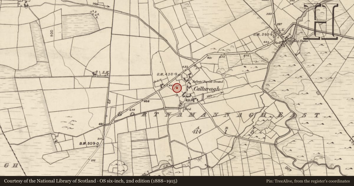 Ordnance Survey six-inch map, 2nd edition (1888–1915) covering the location of Children's burial ground, Gortnamannagh East, County Galway, with a pin at the register's coordinates