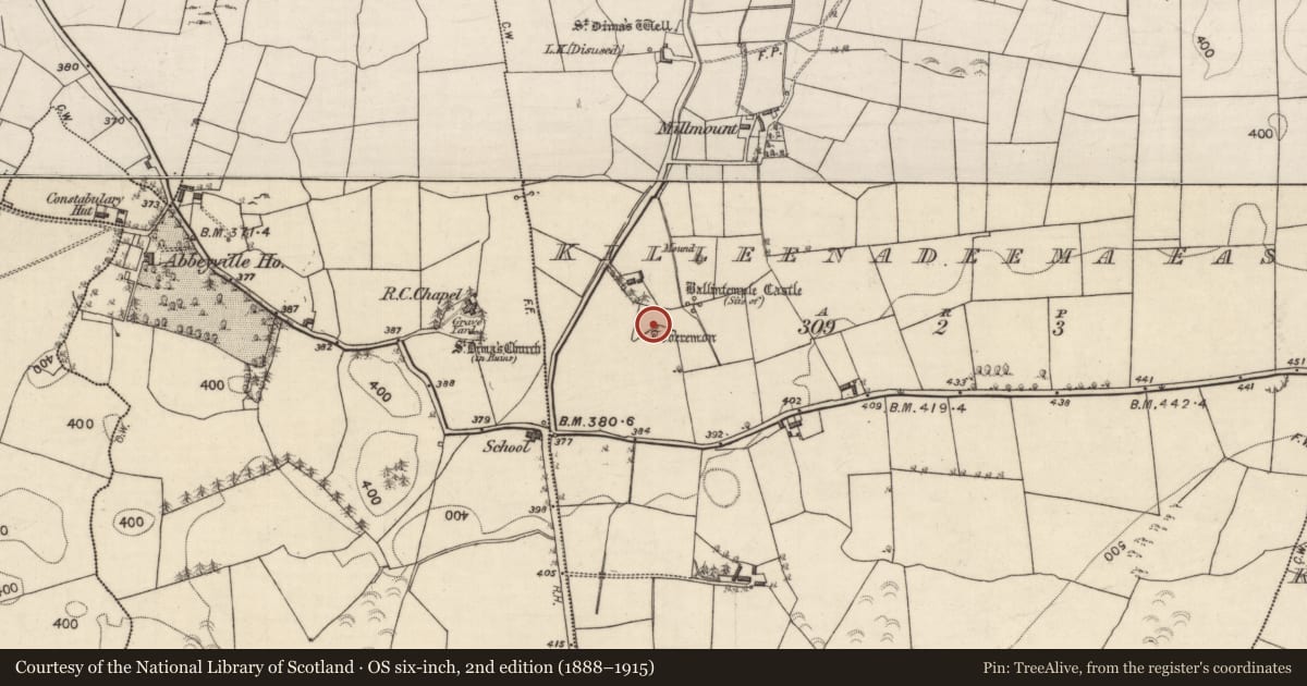 Ordnance Survey six-inch map, 2nd edition (1888–1915) covering the location of Ritual site - holy well, Killeenadeema East, County Galway, with a pin at the register's coordinates