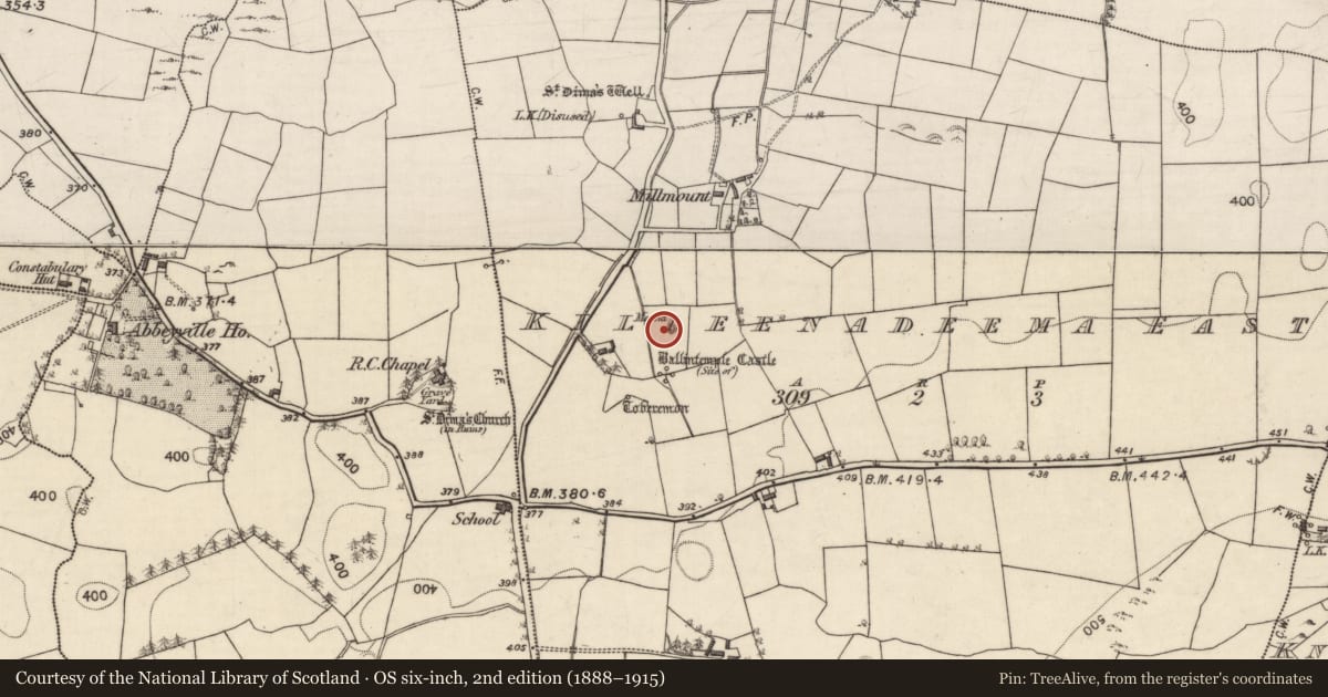 Ordnance Survey six-inch map, 2nd edition (1888–1915) covering the location of Fulacht fia, Killeenadeema East, County Galway, with a pin at the register's coordinates