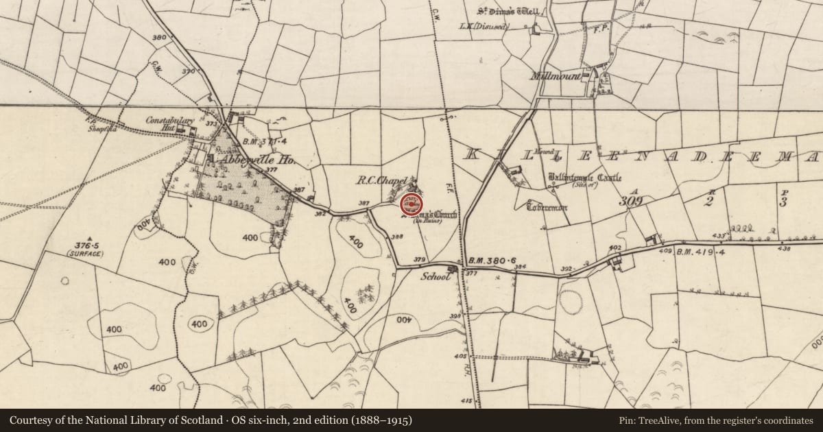 Ordnance Survey six-inch map, 2nd edition (1888–1915) covering the location of Church, Killeenadeema West, County Galway, with a pin at the register's coordinates