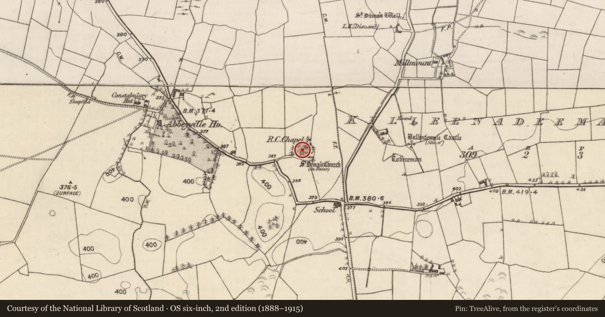 Ordnance Survey six-inch map, 2nd edition (1888–1915) covering the location of Graveyard, Killeenadeema West, County Galway, with a pin at the register's coordinates