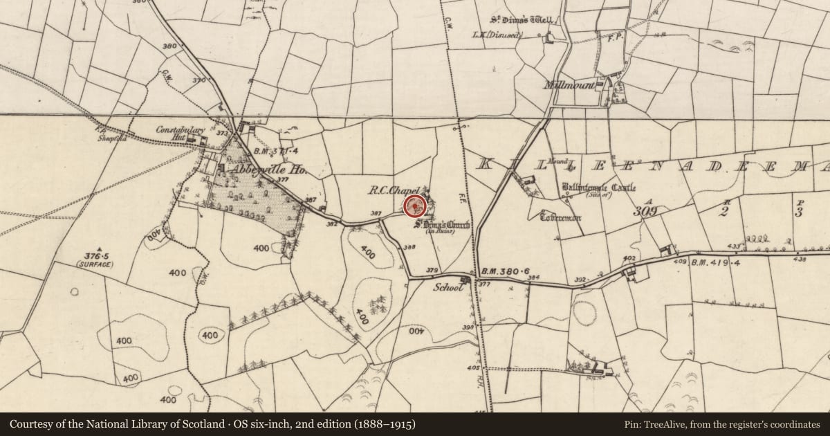 Ordnance Survey six-inch map, 2nd edition (1888–1915) covering the location of Chapel, Killeenadeema West, County Galway, with a pin at the register's coordinates