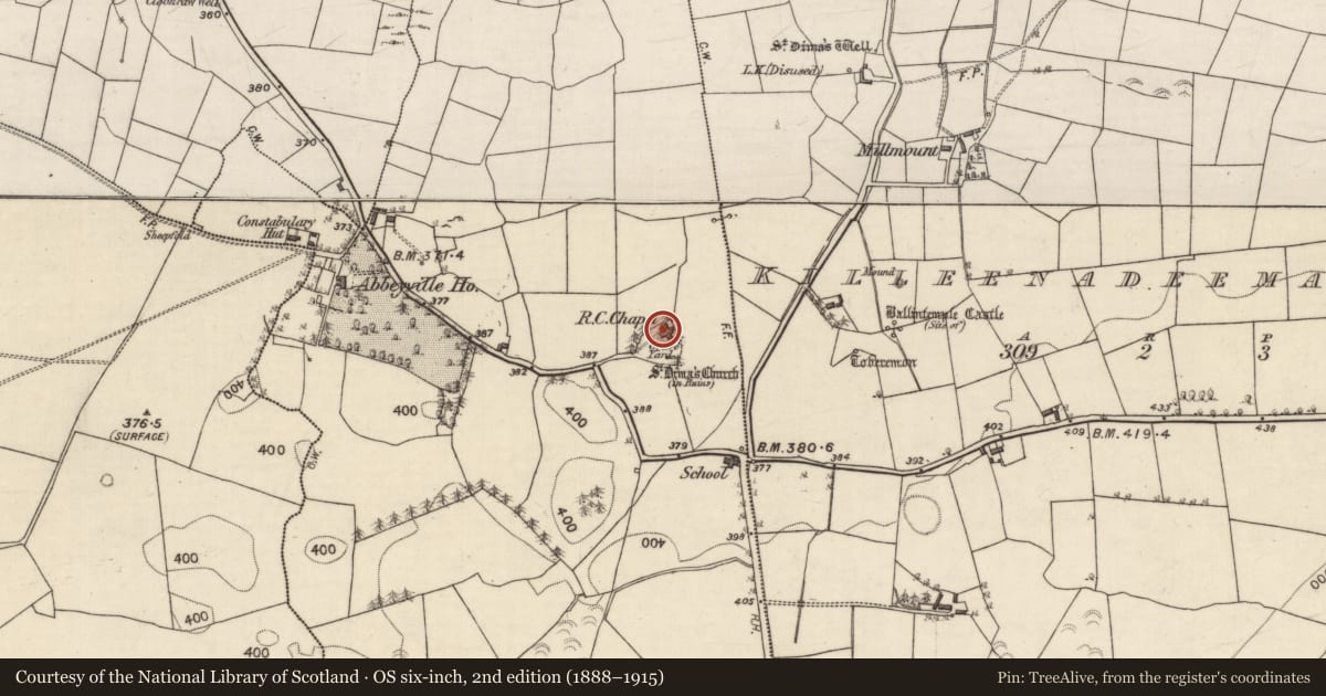 Ordnance Survey six-inch map, 2nd edition (1888–1915) covering the location of Church, Killeenadeema West, County Galway, with a pin at the register's coordinates