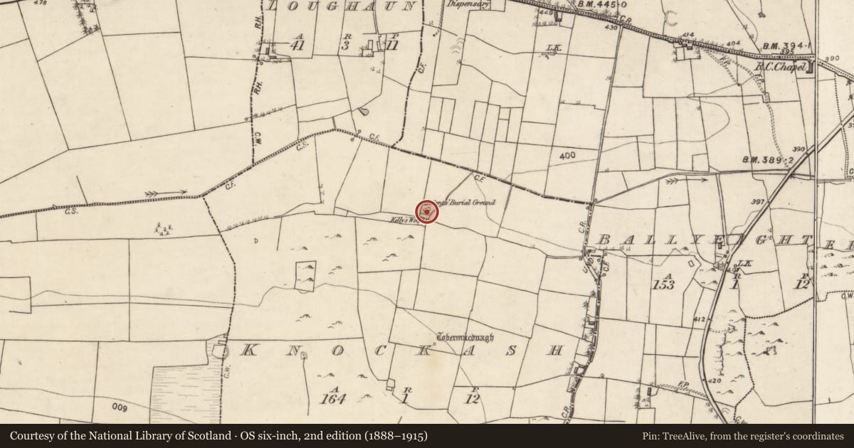 Ordnance Survey six-inch map, 2nd edition (1888–1915) covering the location of Children's burial ground, Knockash, County Galway, with a pin at the register's coordinates