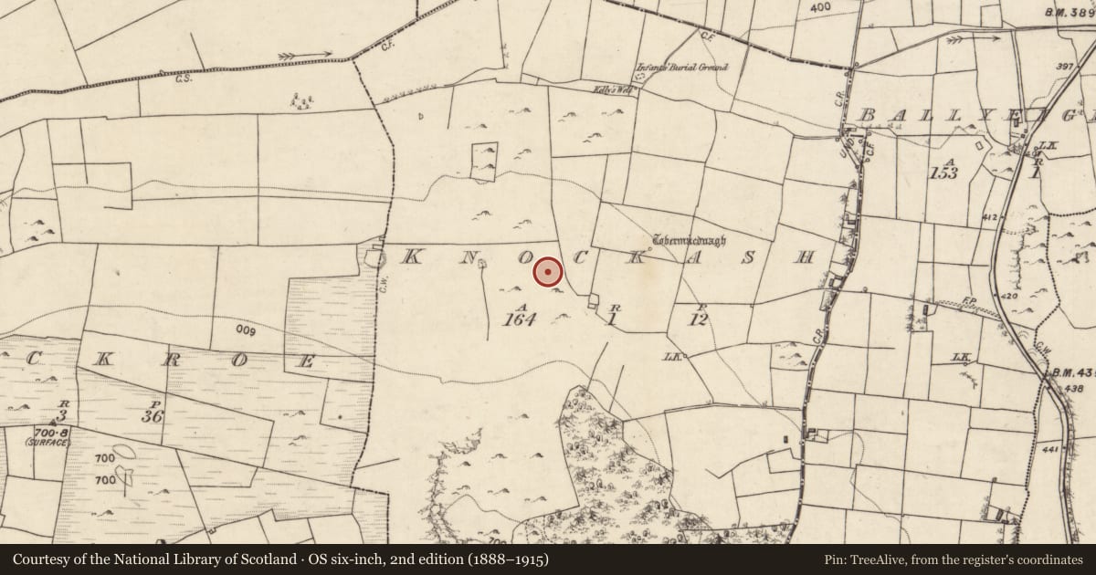 Ordnance Survey six-inch map, 2nd edition (1888–1915) covering the location of Ringfort - cashel, Knockash, County Galway, with a pin at the register's coordinates