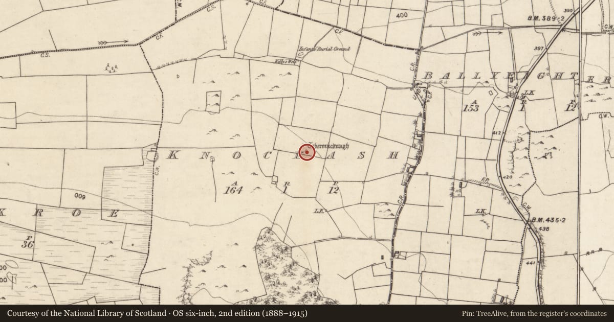 Ordnance Survey six-inch map, 2nd edition (1888–1915) covering the location of Ritual site - holy well, Knockash, County Galway, with a pin at the register's coordinates