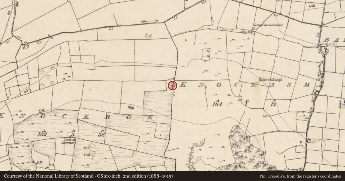 Ordnance Survey six-inch map, 2nd edition (1888–1915) covering the location of Ringfort - rath, Knockash, Knockroe, County Galway, with a pin at the register's coordinates