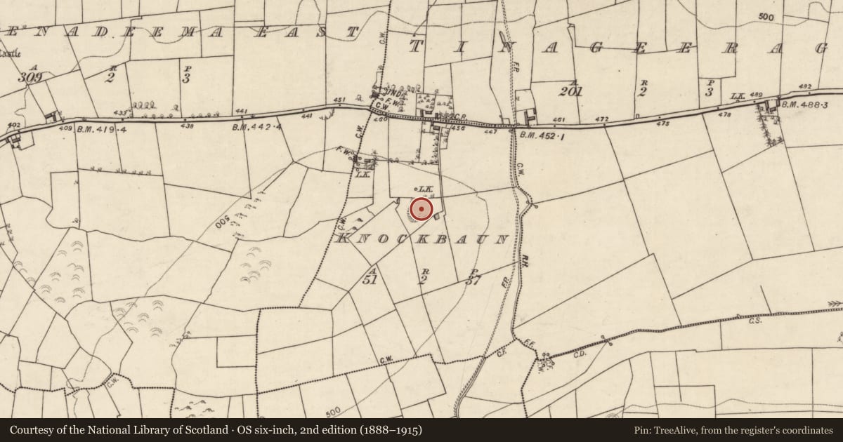 Ordnance Survey six-inch map, 2nd edition (1888–1915) covering the location of Ringfort - rath, Knockbaun, County Galway, with a pin at the register's coordinates