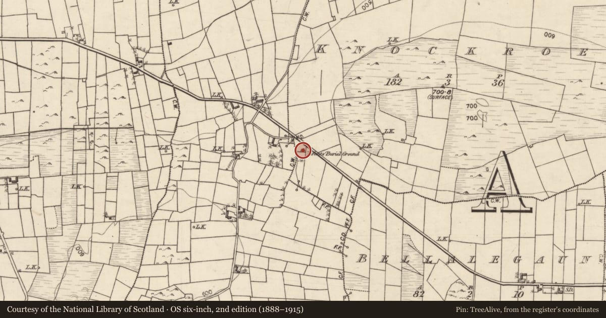 Ordnance Survey six-inch map, 2nd edition (1888–1915) covering the location of Children's burial ground, Knockroe, County Galway, with a pin at the register's coordinates