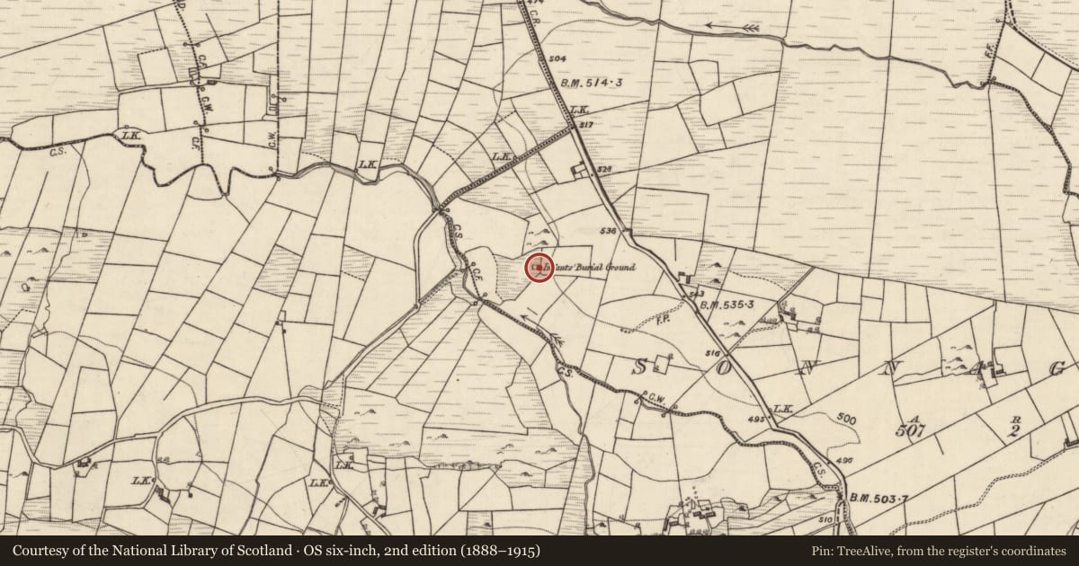 Ordnance Survey six-inch map, 2nd edition (1888–1915) covering the location of Children's burial ground, Sonnagh New, County Galway, with a pin at the register's coordinates