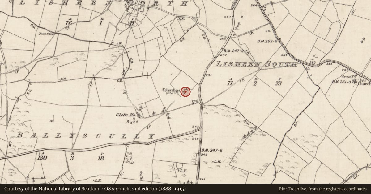 Ordnance Survey six-inch map, 2nd edition (1888–1915) covering the location of Ritual site - holy well, Ballyscully, County Galway, with a pin at the register's coordinates