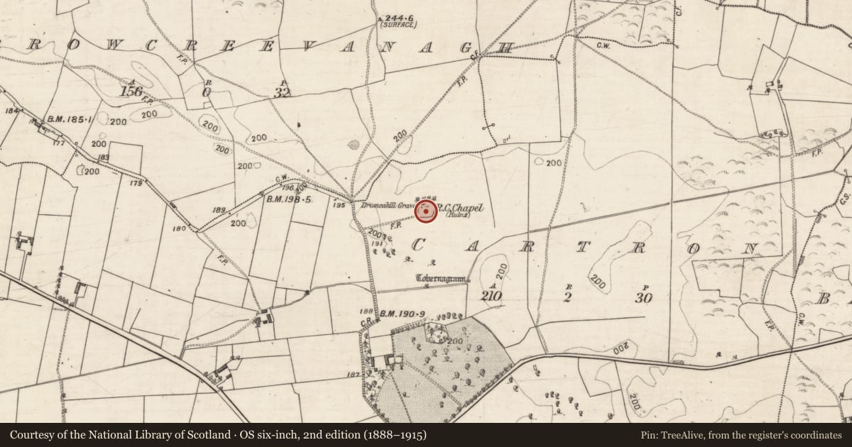 Ordnance Survey six-inch map, 2nd edition (1888–1915) covering the location of Church, Cartron, County Galway, with a pin at the register's coordinates