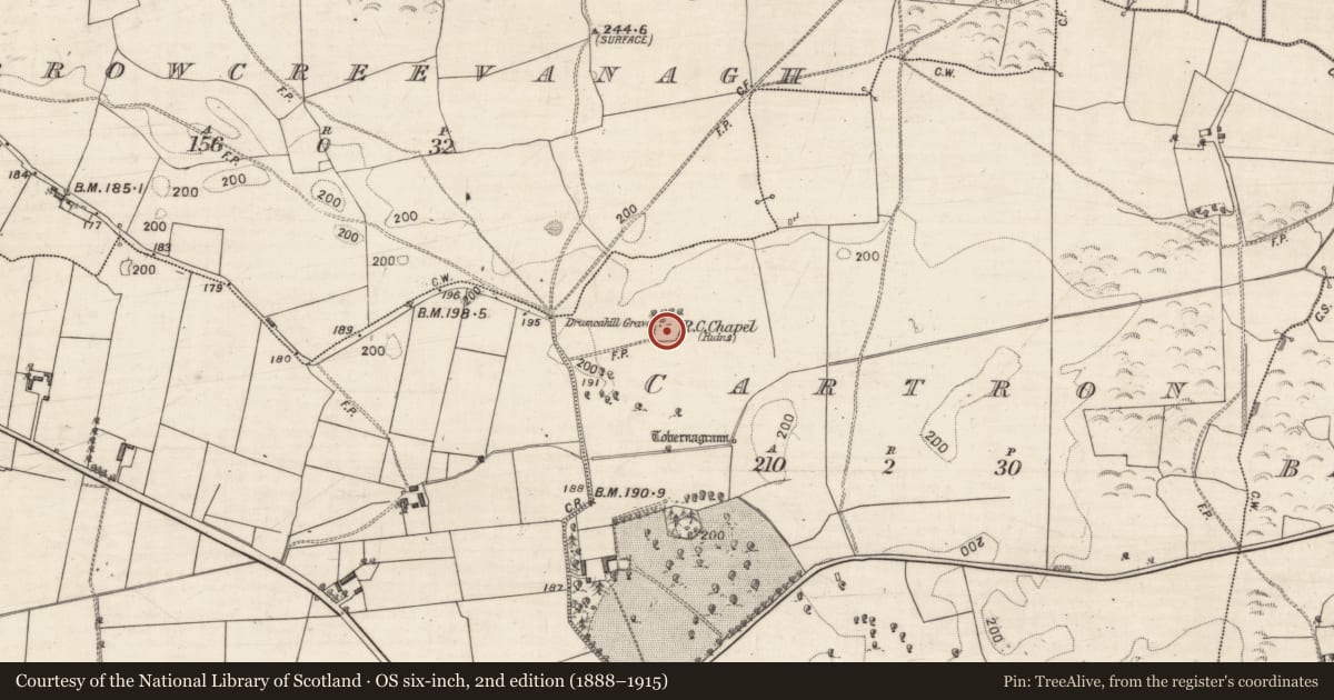 Ordnance Survey six-inch map, 2nd edition (1888–1915) covering the location of Graveyard, Cartron, County Galway, with a pin at the register's coordinates