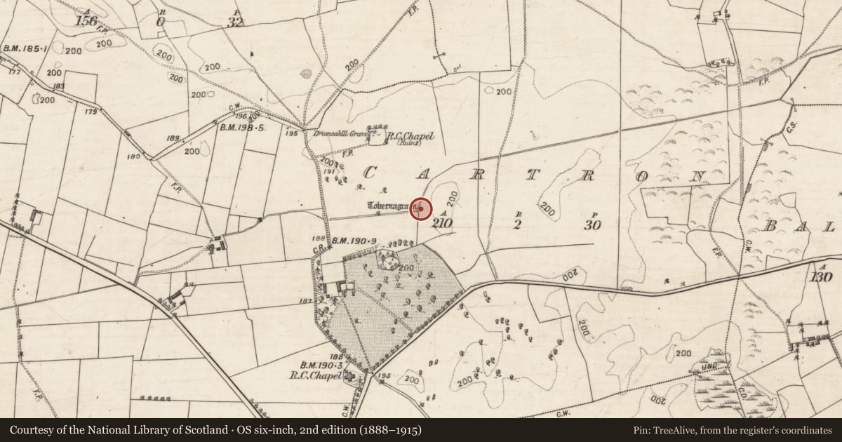Ordnance Survey six-inch map, 2nd edition (1888–1915) covering the location of Ritual site - holy well, Cartron, County Galway, with a pin at the register's coordinates