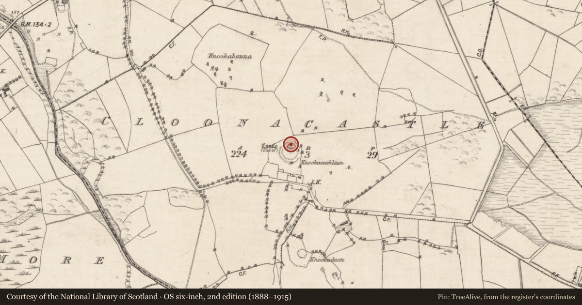 Ordnance Survey six-inch map, 2nd edition (1888–1915) covering the location of Castle - unclassified, Cloonacastle, County Galway, with a pin at the register's coordinates