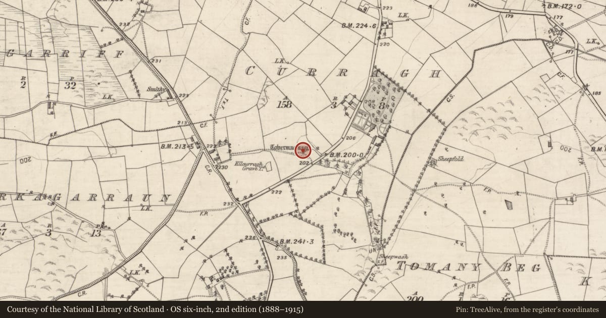 Ordnance Survey six-inch map, 2nd edition (1888–1915) covering the location of Ritual site - holy well, Curragh, County Galway, with a pin at the register's coordinates