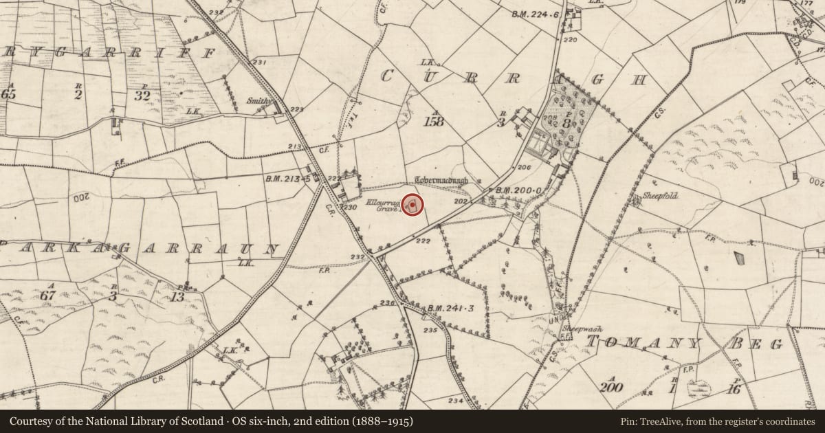 Ordnance Survey six-inch map, 2nd edition (1888–1915) covering the location of Burial ground, Curragh, County Galway, with a pin at the register's coordinates