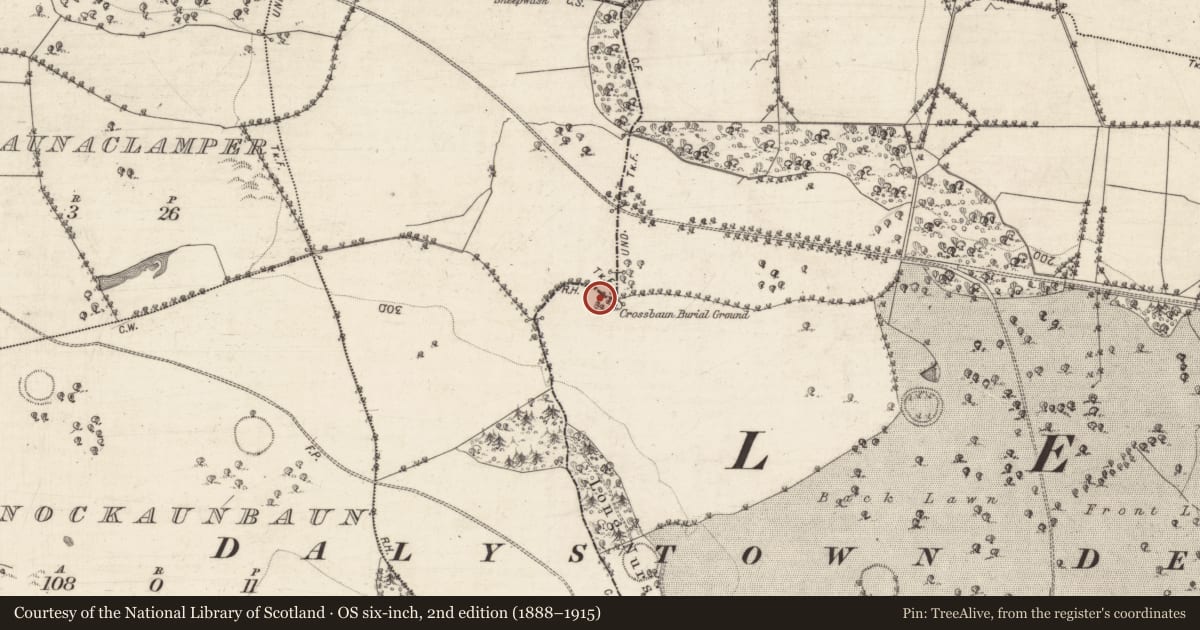 Ordnance Survey six-inch map, 2nd edition (1888–1915) covering the location of Burial ground, Dalystown Demesne, County Galway, with a pin at the register's coordinates
