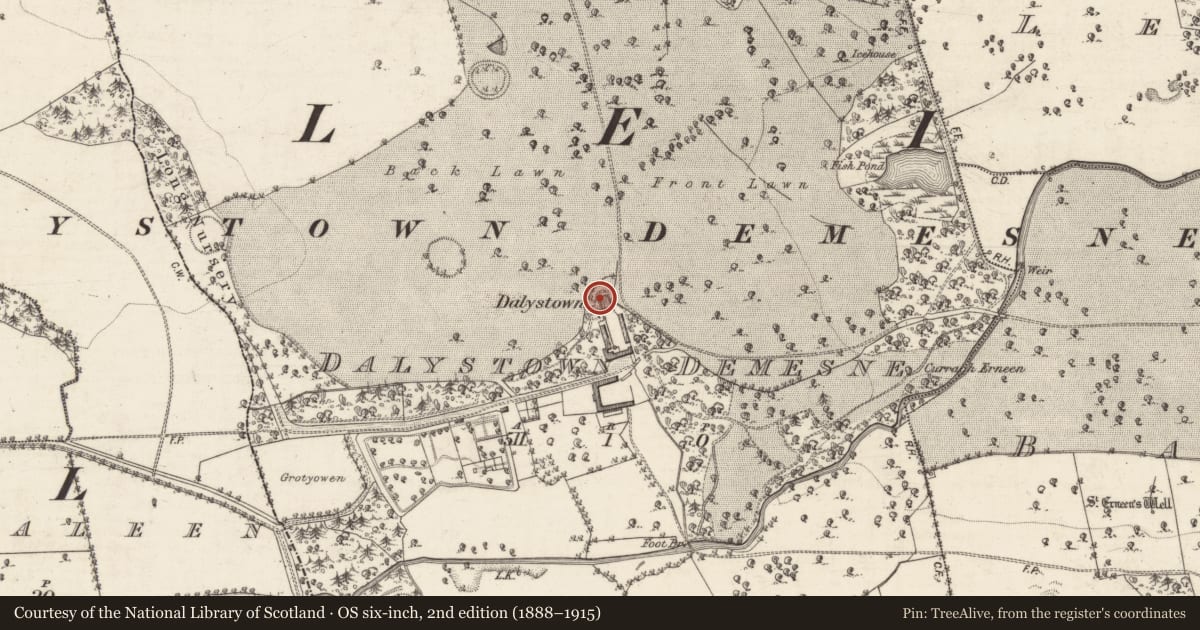 Ordnance Survey six-inch map, 2nd edition (1888–1915) covering the location of House - 18th/19th century, Dalystown Demesne, County Galway, with a pin at the register's coordinates