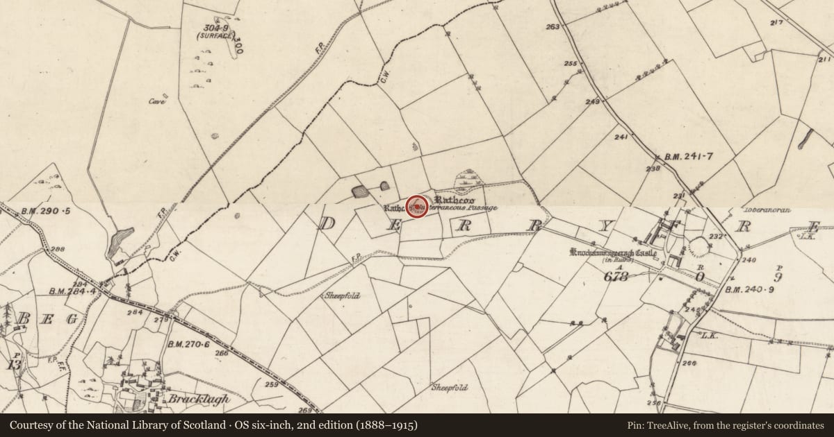 Ordnance Survey six-inch map, 2nd edition (1888–1915) covering the location of Souterrain, Derryfrench, County Galway, with a pin at the register's coordinates
