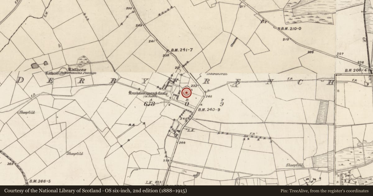 Ordnance Survey six-inch map, 2nd edition (1888–1915) covering the location of Ringfort - rath, Derryfrench, County Galway, with a pin at the register's coordinates