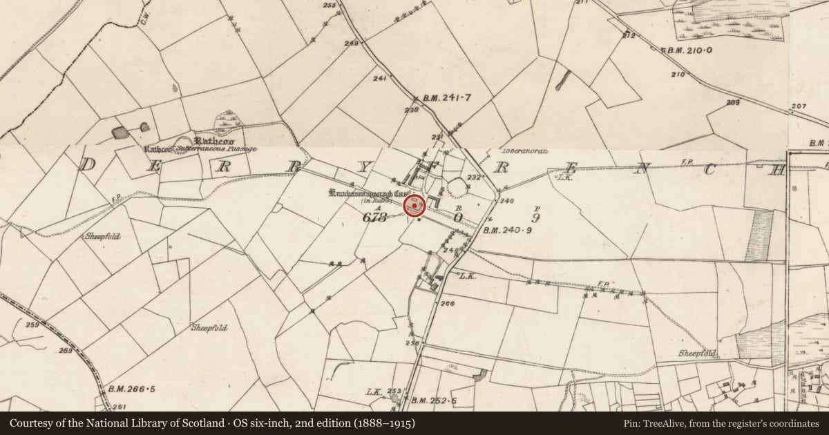 Ordnance Survey six-inch map, 2nd edition (1888–1915) covering the location of Castle - unclassified, Derryfrench, County Galway, with a pin at the register's coordinates
