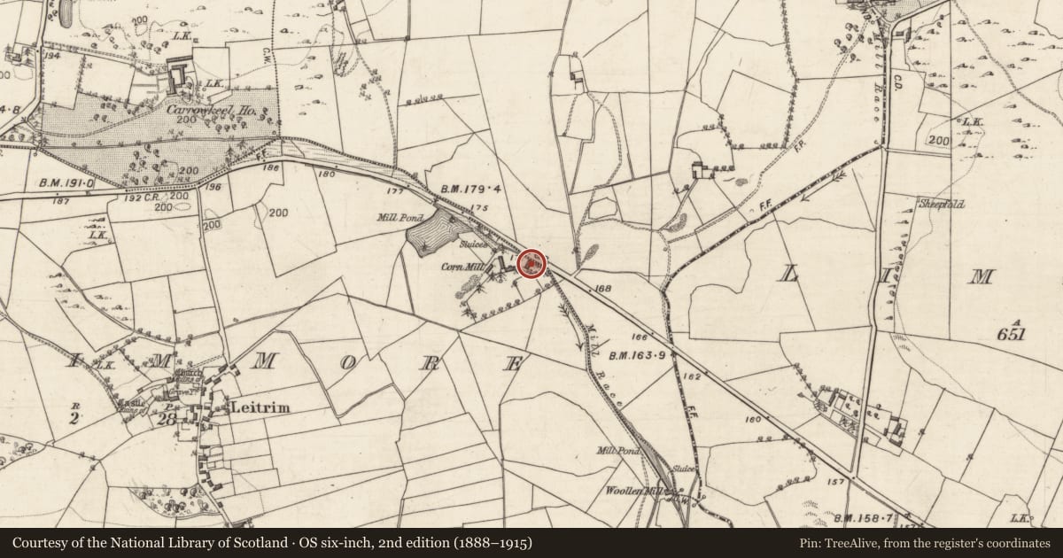 Ordnance Survey six-inch map, 2nd edition (1888–1915) covering the location of Water mill - vertical-wheeled, Leitrim More, County Galway, with a pin at the register's coordinates