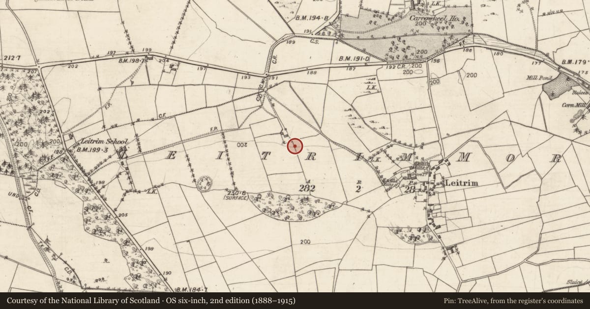 Ordnance Survey six-inch map, 2nd edition (1888–1915) covering the location of Standing stone, Leitrim More, County Galway, with a pin at the register's coordinates