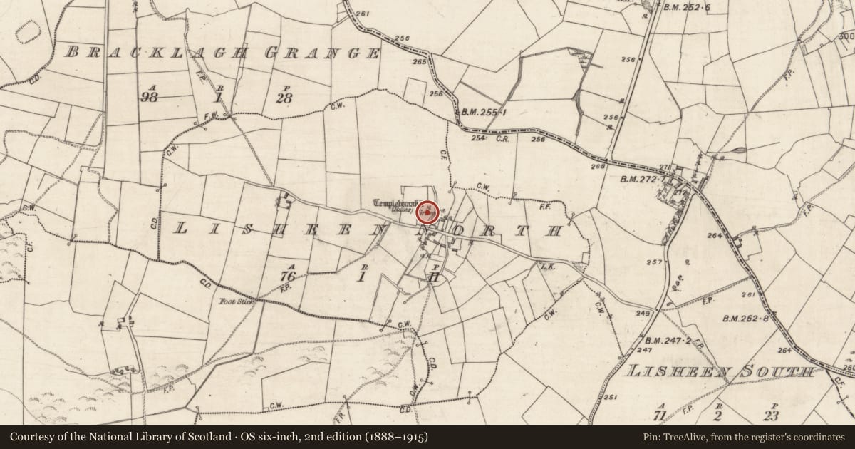 Ordnance Survey six-inch map, 2nd edition (1888–1915) covering the location of Graveyard, Lisheen North, County Galway, with a pin at the register's coordinates