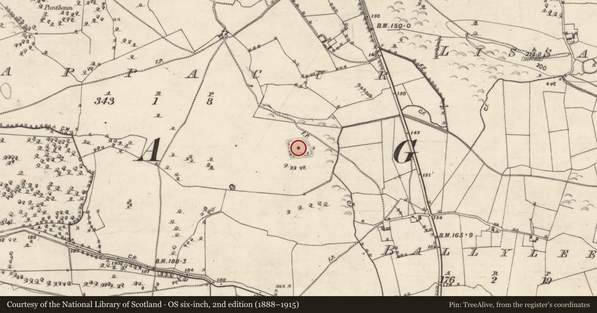 Ordnance Survey six-inch map, 2nd edition (1888–1915) covering the location of Moated site, Cappacur, County Galway, with a pin at the register's coordinates