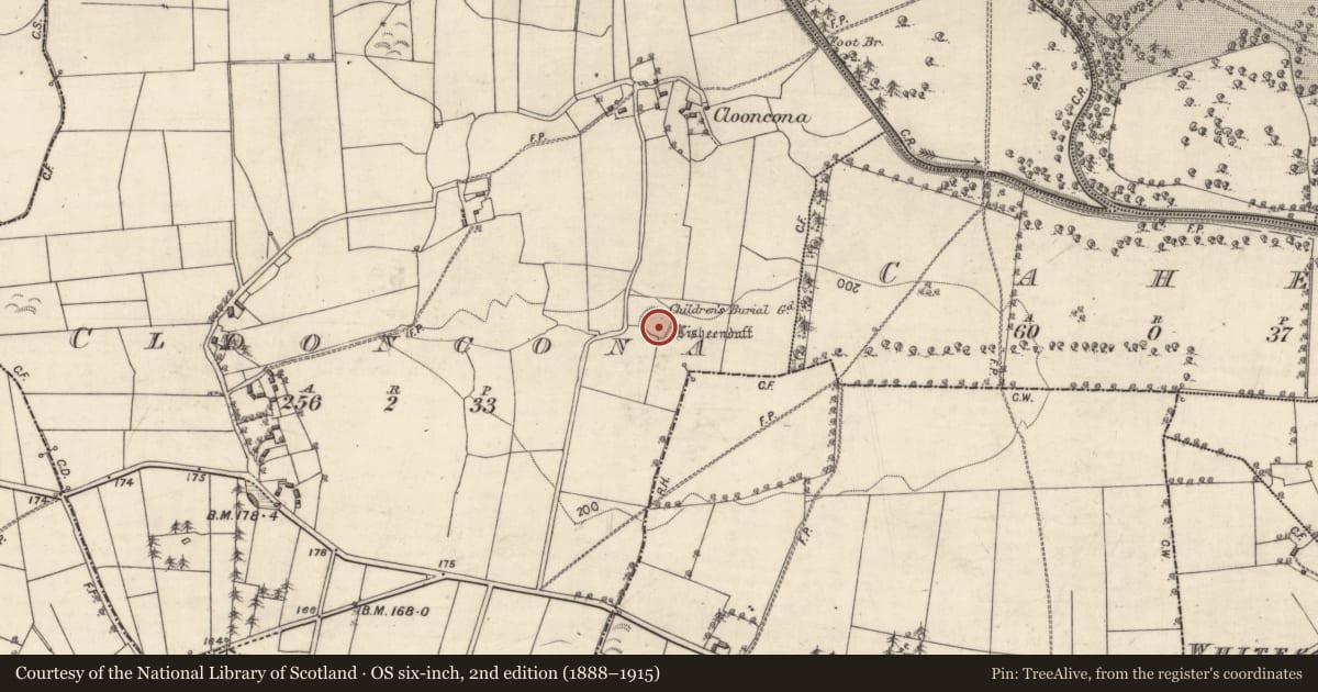 Ordnance Survey six-inch map, 2nd edition (1888–1915) covering the location of Ringfort - rath, Clooncona, County Galway, with a pin at the register's coordinates