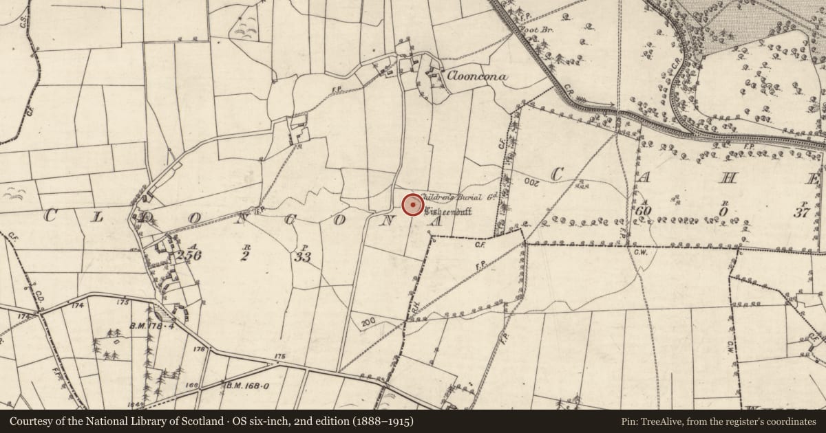 Ordnance Survey six-inch map, 2nd edition (1888–1915) covering the location of Children's burial ground, Clooncona, County Galway, with a pin at the register's coordinates