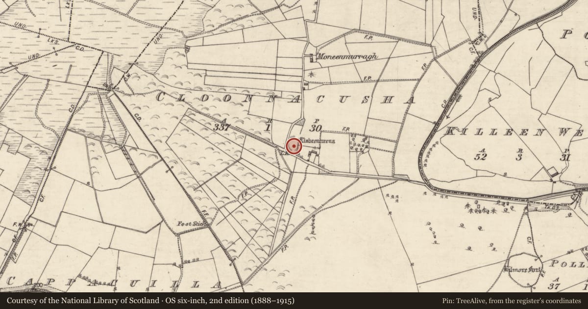 Ordnance Survey six-inch map, 2nd edition (1888–1915) covering the location of Ringfort - rath, Cloonnacusha, County Galway, with a pin at the register's coordinates