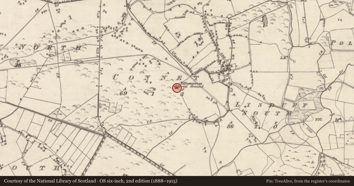 Ordnance Survey six-inch map, 2nd edition (1888–1915) covering the location of Children's burial ground, Connet, County Galway, with a pin at the register's coordinates