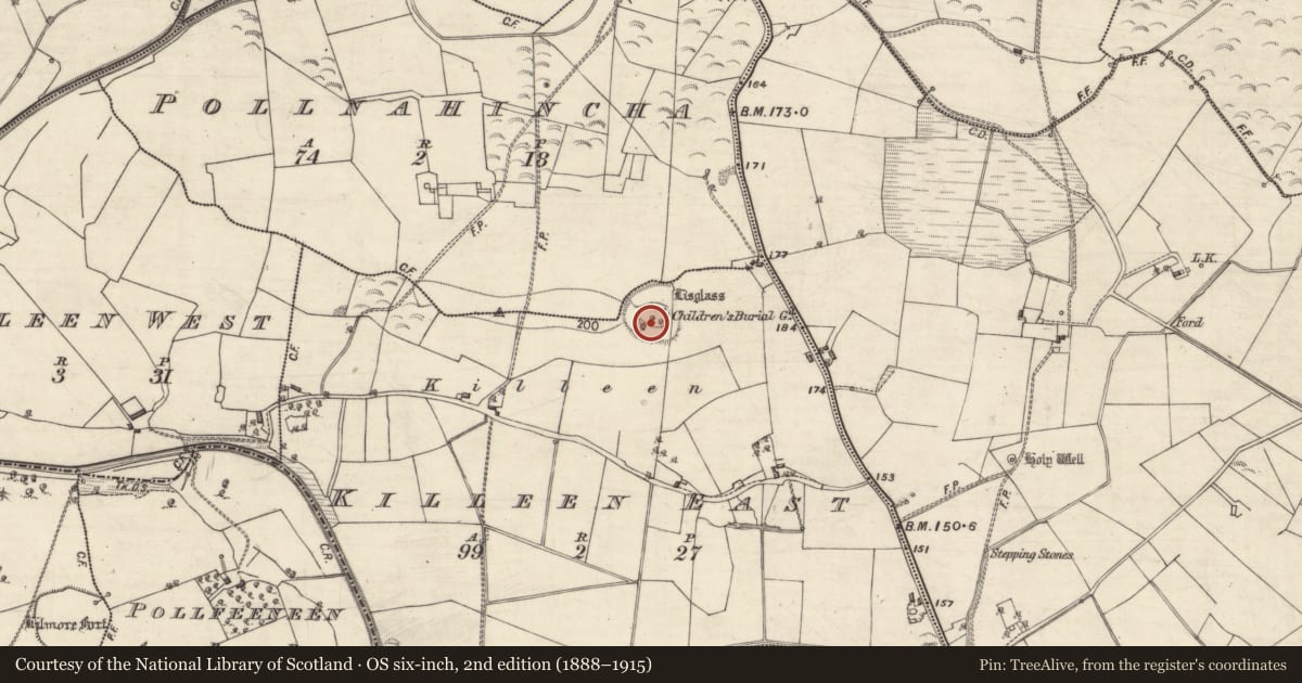 Ordnance Survey six-inch map, 2nd edition (1888–1915) covering the location of Children's burial ground, Killeen East, Pollnahincha, County Galway, with a pin at the register's coordinates